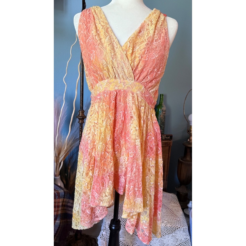 Mahamantra Yellow Orange Ombre‎ Lace High Low Open Back Fairycore Dress Womens S